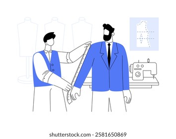 Taking clients measurements isolated cartoon vector illustrations. Tailor taking measurements of customer, sewing and alteration specialist, fashion design, beauty industry vector cartoon.