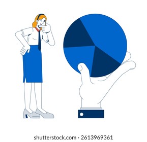 Taking closer look at data 2D illustration concept. Professional analyzing piechart. Female analyst pie chart interpretation cartoon character isolated on white. Flat abstract vector metaphor