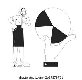 Taking closer look at data line illustration concept. Professional analyzing piechart. Female analyst pie chart interpretation outline 2D character isolated. Ink linear metaphor vector art