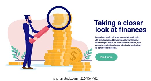 Taking a closer look at finances - Businessman with magnifying glass inspecting and doing research on business economy and money. Flat design vector illustration with white background and copy space