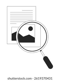 Taking closer look line onboarding ui illustration. Content verification. File analysis. Magnifying glass zooming in on document article outline 2D concept isolated. Ink linear metaphor vector art