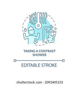 Taking contrast shower turquoise concept icon. Hygiene and healthcare routine abstract idea thin line illustration. Isolated outline drawing. Editable stroke. Roboto-Medium, Myriad Pro-Bold fonts used