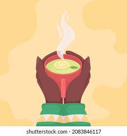 Taking cup of green lemon tea flat color vector illustration. Warm steaming drink with mint. Taking mug of aromatic herbal beverage 2D cartoon first view hand with abstract background