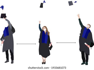 Taking  Diverse University Or College Students In Graduation Robes And Medical Face Masks Keeping Social Distance. Poster, Banner For Graduates Party. 