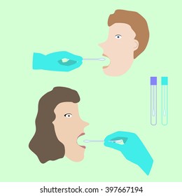 Taking DNA testing sample by buccal swab probe. Vector illustration of medical procedure taking probe for  genealogical DNA test, DNA paternity testing,  forensic DNA profiling