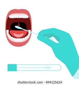 Taking DNA testing sample by buccal swab probe. Vector illustration of medical procedure taking probe for genealogical DNA test, DNA paternity testing, forensic DNA profiling