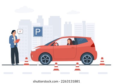 Taking a driving test at a driving school. Vector illustration.