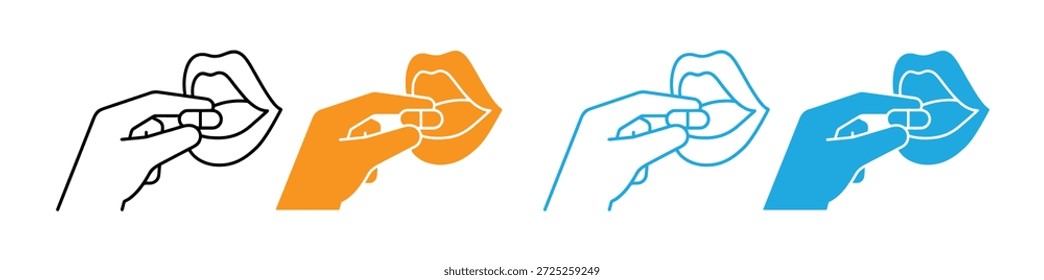 Nehmen oder essen eine Pille Icon-Set. Kranke Menschen nimmt eine Pille oder Ergänzung oder Vitamin. Hand, die eine Pille in das Glas Wasser steckt. Tu eine Pille in den Mund. Vektorgrafik