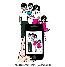 taking family photo using smart phone. illustration vector.