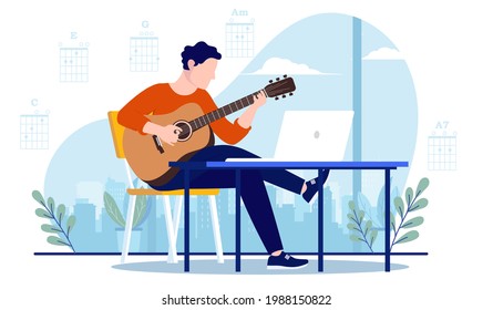 Taking guitar lessons - Man sitting in chair playing instrument in front of laptop computer. Learn guitar concept, vector illustration with white background.