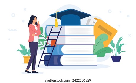 Taking higher education - Woman student thinking and wondering on front of school and educational stack of books with ladder and graduation cap. Flat design vector illustration with white background