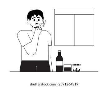 Taking illegal drugs to relieve stress, black and white outline style, social issue vector illustration.