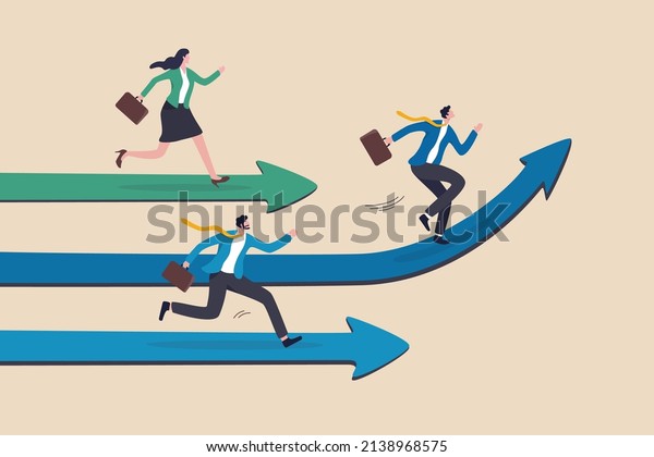 Taking initiative be first to try\
different way and discover new opportunity, creative way to success\
and win competition, leadership skill concept, businessman taking\
initiative run in different\
way.