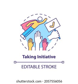 Taking Initiative Concept Icon. Basic Corporate Core Value Idea Thin Line Illustration. Being Proactive Team Member. Self-promotion. Vector Isolated Outline RGB Color Drawing. Editable Stroke