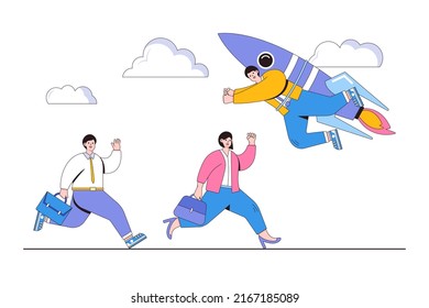 Taking Initiative, Discover New Opportunity, Creative Method To Succeed And Win A Competition, Leadership Skill Concepts. Businessman Flying With Rocket Jetpack In Different Way Of Other Competitors.