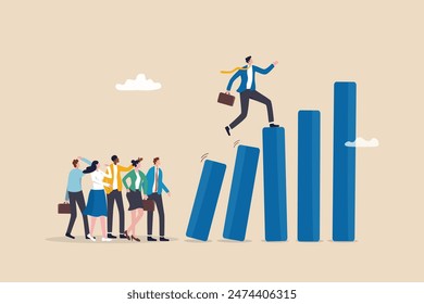 Taking initiative to win business competition, determination or entrepreneurship to overcome difficulty and success, courage or challenge concept, businessman taking initiative to climb growth graph.