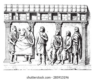 Taking manly toga (for after an engraved antique stone), vintage engraved illustration.
