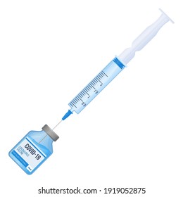 Taking medcine with syringe from the vial. covid-19 vaccination, coronavirus immunization, health care concept. Stock vector illustration in realistic cartoon style isolated on white background