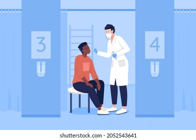 Taking medical sample flat color vector illustration. Health checkup. Clinical diagnostics. Patient and doctor 2D cartoon characters with hospital space blue interior on background