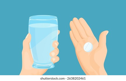 Taking medications concept. Hands holding white pill and glass of water. Vector cartoon flat illustration.