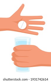 Taking medications. Man holds in hands the pills and a glass of water. Vector illustration flat design. Take painkillers pills. Medical treatment concept. Healthcare. Taking the pills.
