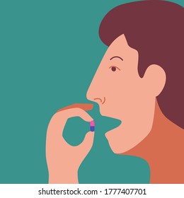 Uso del concepto de cápsulas de medicina. Cabeza con boca abierta y mano sujetando la píldora. Un hombre tomando un medicamento. Ilustración vectorial plana.