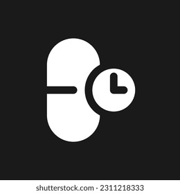 Taking medicine on time dark mode glyph ui icon. Capsule dosage. User interface design. White silhouette symbol on black space. Solid pictogram for web, mobile. Vector isolated illustration