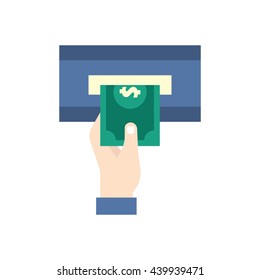 Taking money from atm. Flat icon