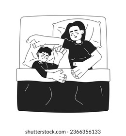 Taking a nap with baby monochrome concept vector spot illustration. Sleeping in one bed. Mother, child 2D flat bw cartoon characters for web UI design. Isolated editable hand drawn hero image