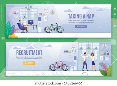 Taking Nap and Recruitment Header Banners Set. Male Clerk Asleep at Desk in Coworking Office Procrastinating Working Time. Happy Man and Woman Rejoice New Job after Hiring. Vector Flat Illustration