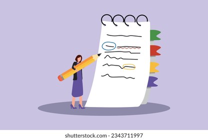 Taking note for study and work, efficient way for important information, summary or conclusion, planning or productivity concept, young woman holding pencil with notebook or notepad for taking note.