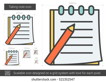 Taking note vector line icon isolated on white background. Taking note line icon for infographic, website or app. Scalable icon designed on a grid system.
