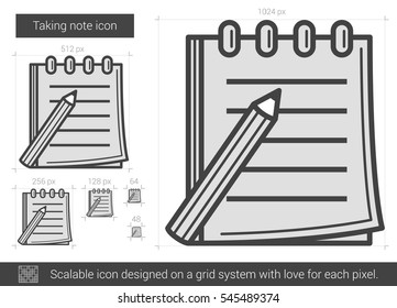Taking note vector line icon isolated on white background. Taking note line icon for infographic, website or app. Scalable icon designed on a grid system.