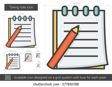 Taking note vector line icon isolated on white background. Taking note line icon for infographic, website or app. Scalable icon designed on a grid system.