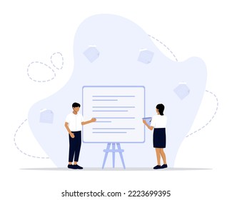Taking notes concept illustration. conclusion or summary, education lecture or write important information concept, confidence businessman taking note in the meeting while listen to others information