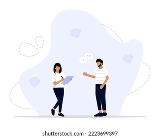 Taking notes concept illustration. conclusion or summary, education lecture or write important information concept, confidence businessman taking note in the meeting while listen to others information