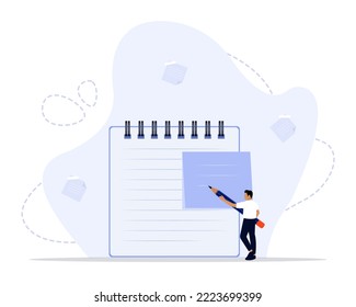 Taking notes concept illustration. conclusion or summary, education lecture or write important information concept, confidence businessman taking note in the meeting while listen to others information
