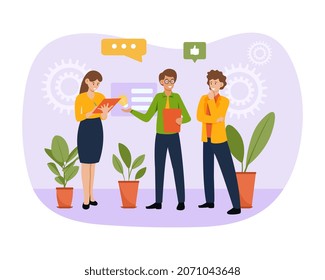 Taking notes concept. Man and girls take into account all possible aspects of question. Accountants, inventory, company estimates amount of resources, teamwork. Cartoon flat vector illustration