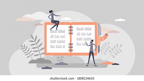 Taking notes as writing process of study in memo diary tiny persons concept. Notepad messages with advices and information to remember vector illustration. Viewing paper text layout for work or school