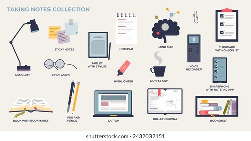 Taking notes and writing work or study memos to remember tiny collection set. Elements about reminders, business plan or sticky notes for important or urgent task time management vector illustration.