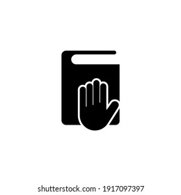 Taking Oath, Hand on Constitution or Bible. Flat Vector Icon illustration. Simple black symbol on white background. Taking Oath, Hand on Bible Book sign design template for web and mobile UI element