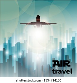 Taking off airliner on abstract cityscape background.