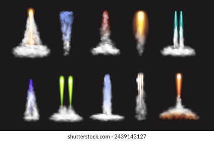 Despegue o lanzamiento de senderos para cohetes, conjunto aislado de llamas y humos, humos y fuego. Nave espacial o avión vectorial, chorro de vapor de misiles. Efecto 3D realista del vapor de la explosión de volar