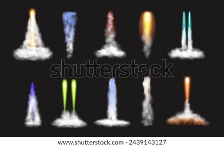 Taking off or launching rocket trail, isolated set of flames and fumes, smokes and fire. Vector spaceship or plane, jet of missile vapor. Realistic 3d effect of explosion steam from flying