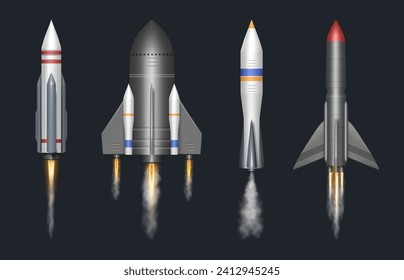 Taking off realistic rocket, isolated futurist spaceship launching with smoke and fire. Vector cosmos exploration and traveling to galaxy. Cosmonaut team on mission in flying modern spacecraft