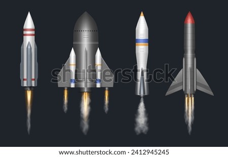 Taking off realistic rocket, isolated futurist spaceship launching with smoke and fire. Vector cosmos exploration and traveling to galaxy. Cosmonaut team on mission in flying modern spacecraft
