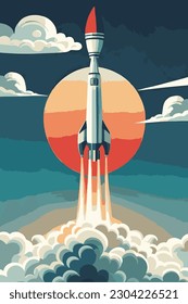 Taking off rocket. Cartoon retro rocket. Vintage rocket vector illustration.