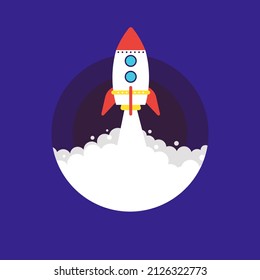 Taking off space rocket on a blue background. Startup concept, speed. Vector stock illustration in flat style. 