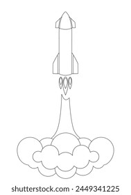 Taking off starship - vector linear picture for coloring. The rocket takes off in a cloud of smoke and dust. Outline. Spaceship - space transport.