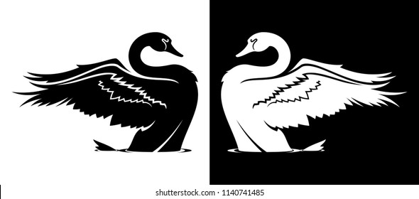 Taking off swan silhouette in black and white variants